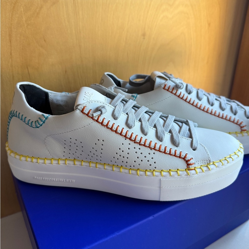 P448 White Sneakers with Multicolor Stitching